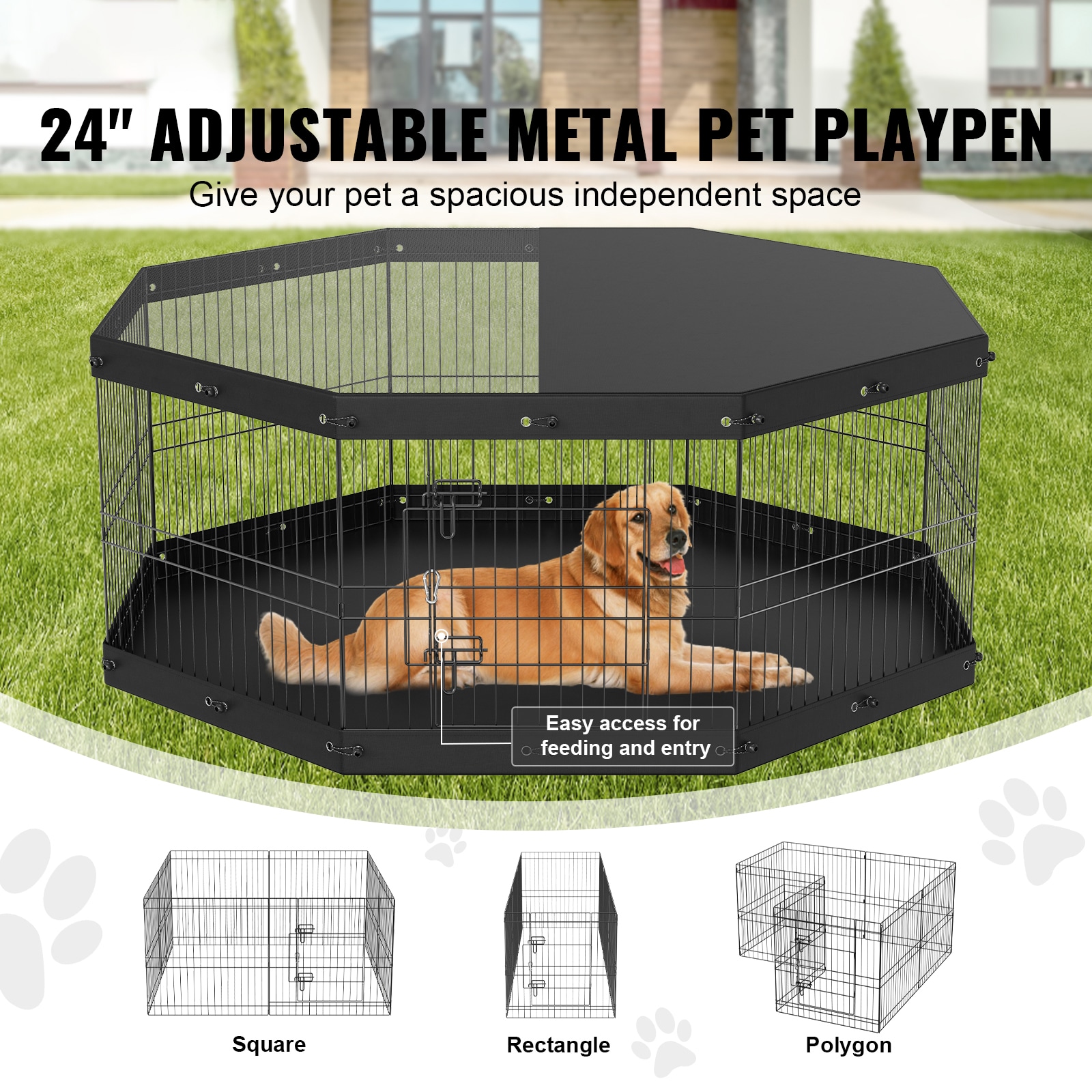 Dog Playpen, 8 Panels Foldable Metal Dog Exercise Pen With Top Cover And Bottom Pad, 24" H Pet Fence Puppy Crate Kennel, Indoor Outdoor Dog Pen For Small Medium Pets, For Camping, Yard_maomaolike.com
